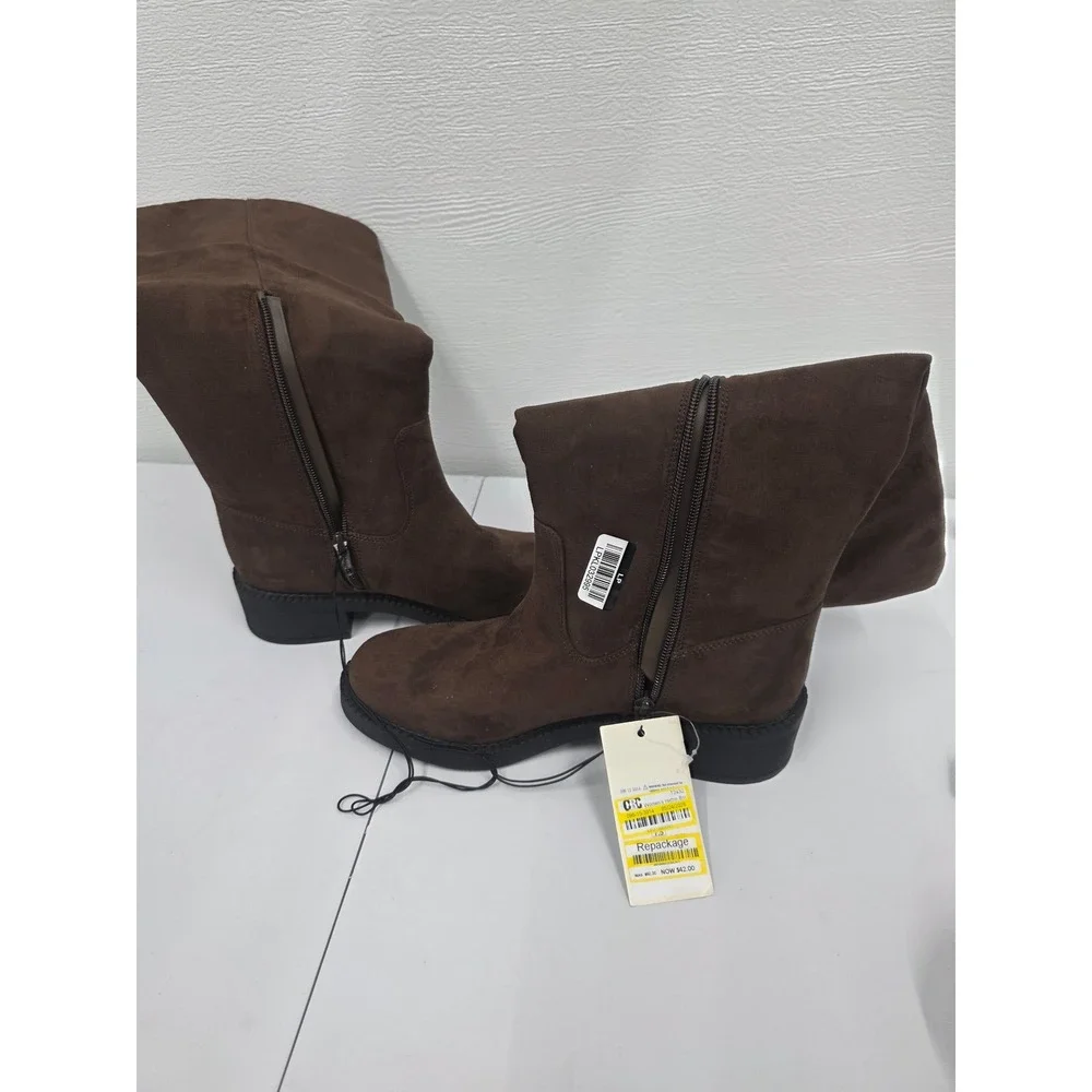 A New Day Womens Brown Suede Tall Boots Side Zip Buckle Block Heel Size 7.5 NEW
